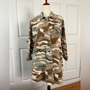 Mystree colorful 3/4 length Jean jacket in brown/green camo design.